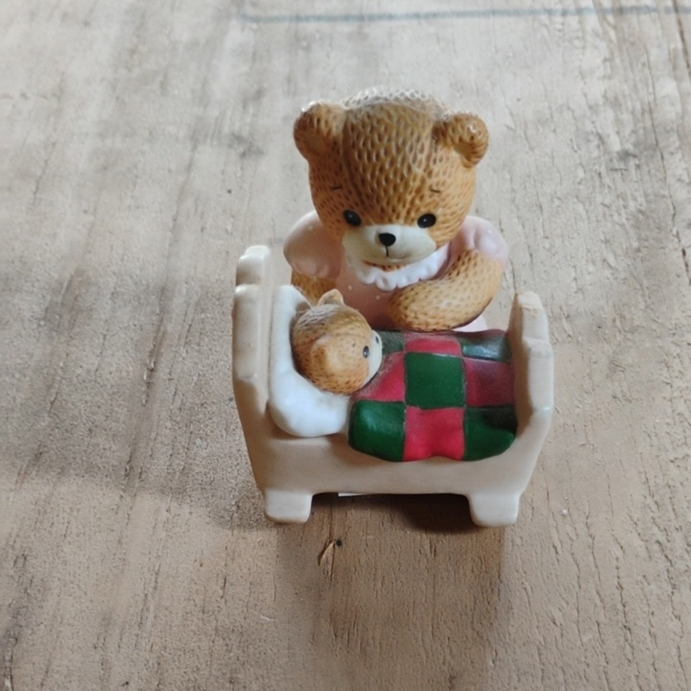 Adorable Teddy Bear Figurine with Baby in Crib